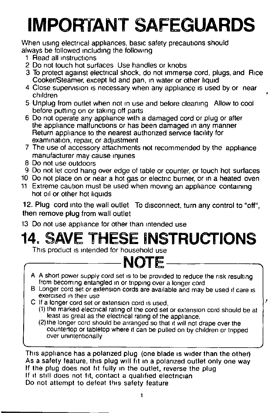 Important safeguards, Save these instructions | Panasonic sr-w18fxp User Manual | Page 2 / 8