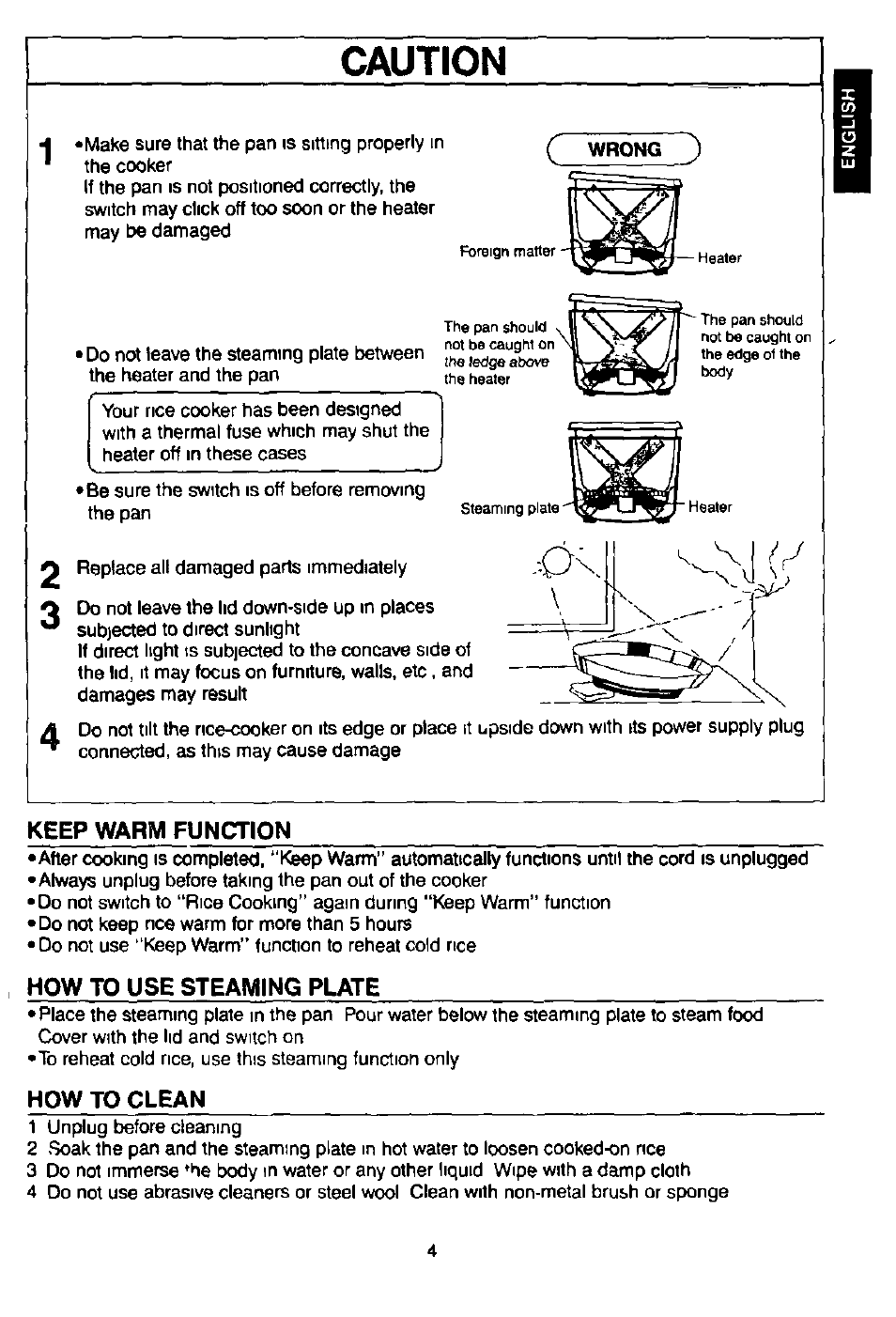 Keep warm function, How to use steaming plate, How to clean | Caution | Panasonic sr-w18fxp User Manual | Page 5 / 8