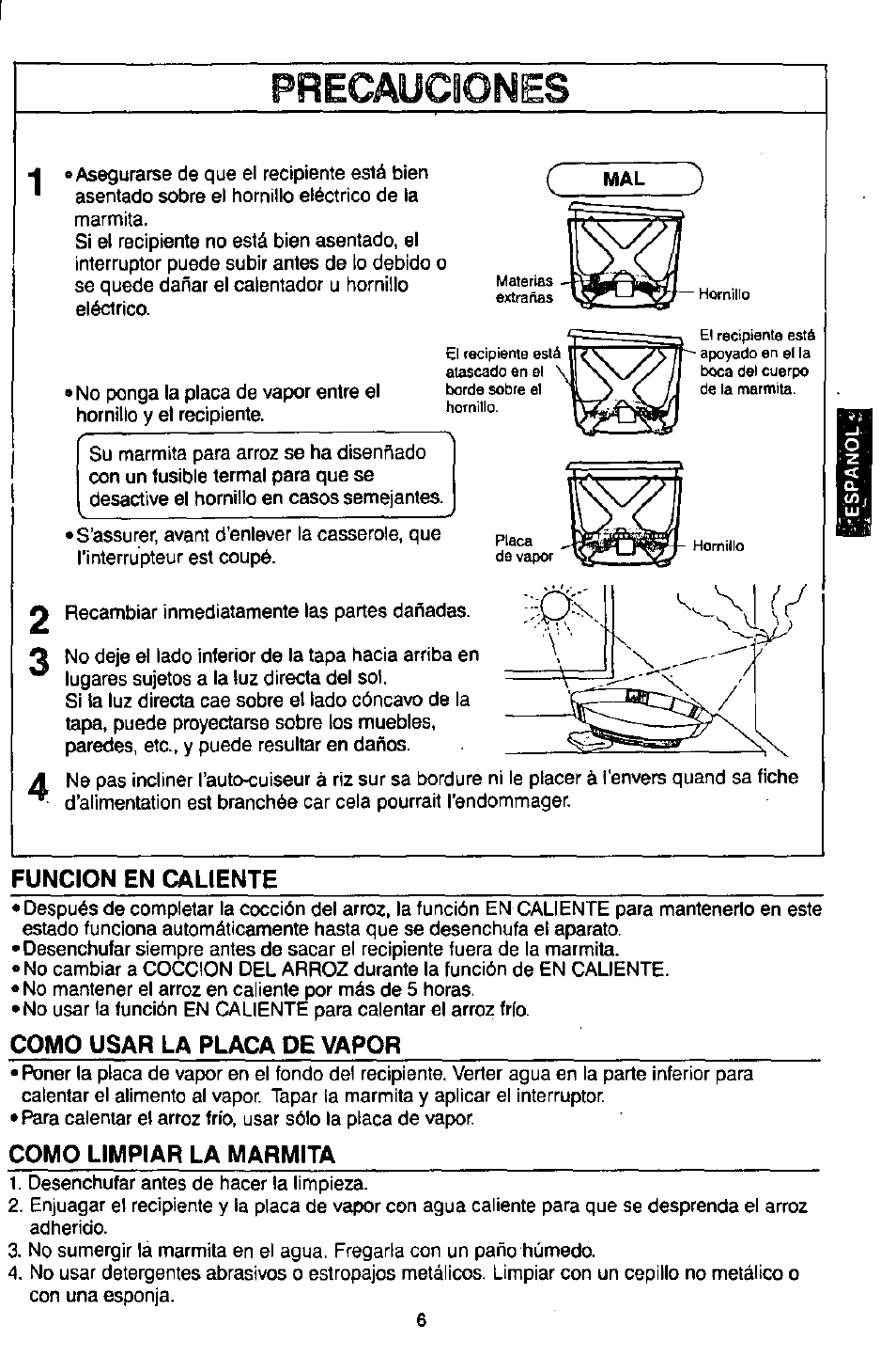 Precauciones, Funcion en caliente, Como usar la placa de vapor | Como limpiar la marmita | Panasonic sr-w18fxp User Manual | Page 7 / 8