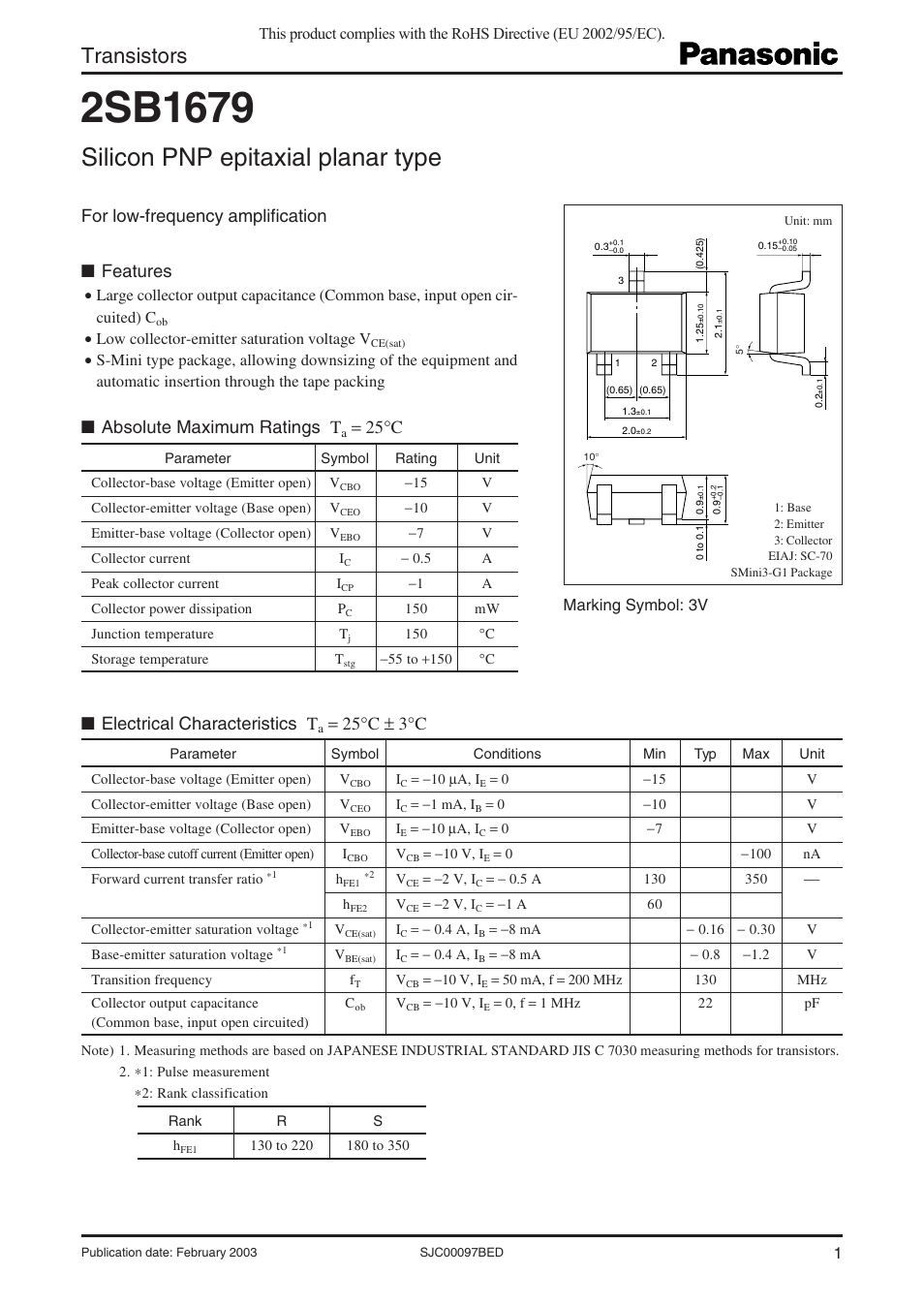 Panasonic 2SB1679 User Manual | 2 pages