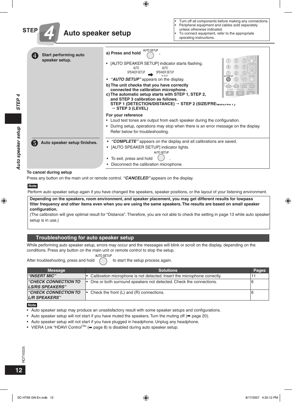Auto speaker setup, Troubleshooting for auto speaker setup, Step 4 auto speaker setup | Panasonic SC-HT65 User Manual | Page 12 / 24
