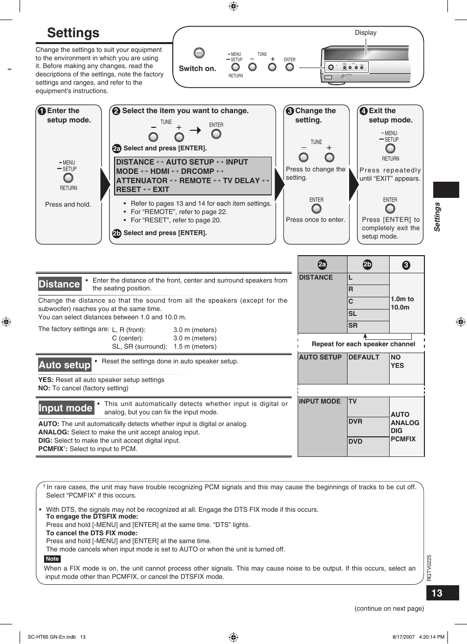 Settings, Distance, Auto setup | Input mode | Panasonic SC-HT65 User Manual | Page 13 / 24