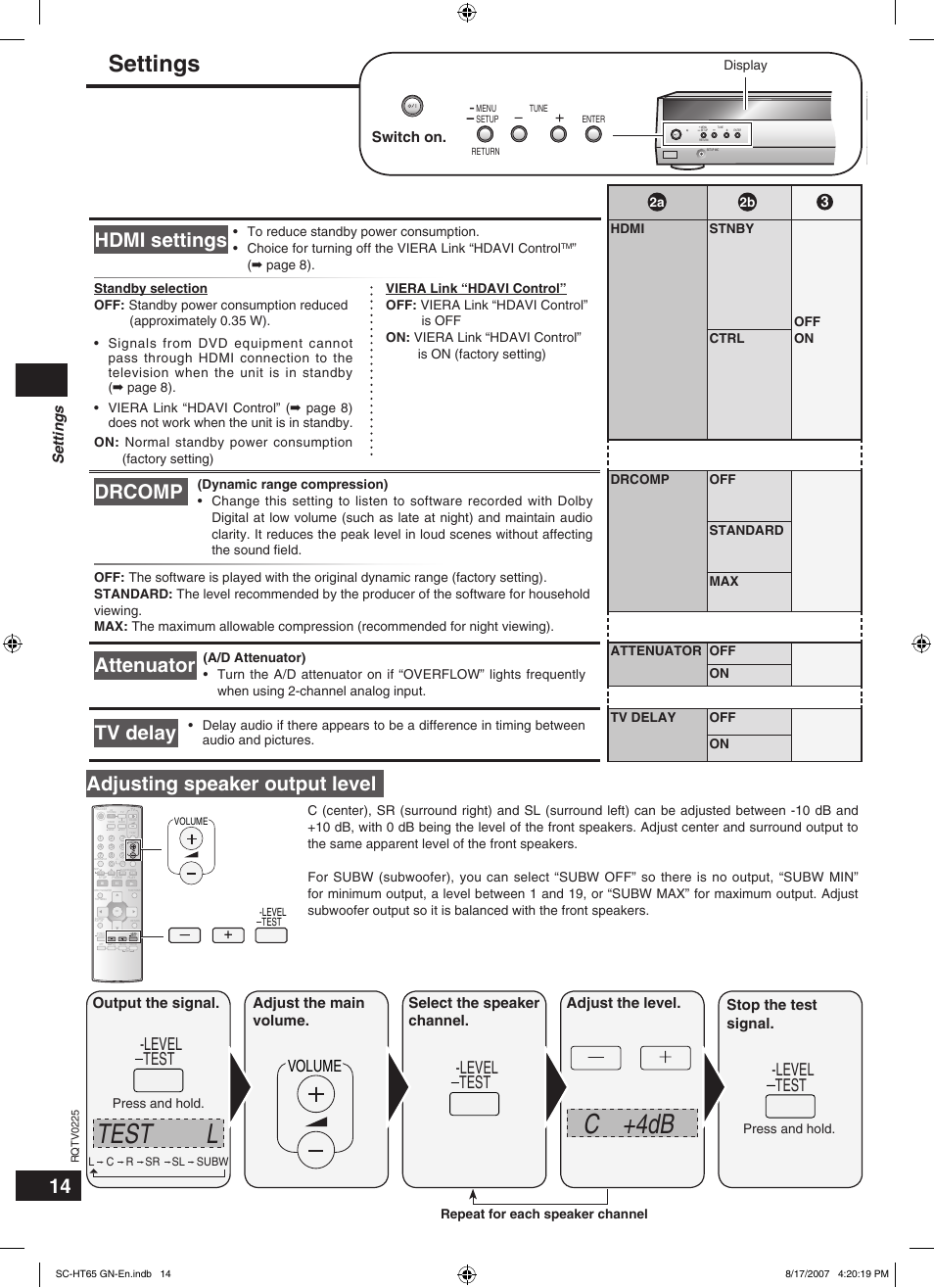 C +4db, Test l, Drcomp | Attenuator tv delay, Hdmi settings, Adjusting speaker output level, Level test, Volume, Settings, Switch on | Panasonic SC-HT65 User Manual | Page 14 / 24
