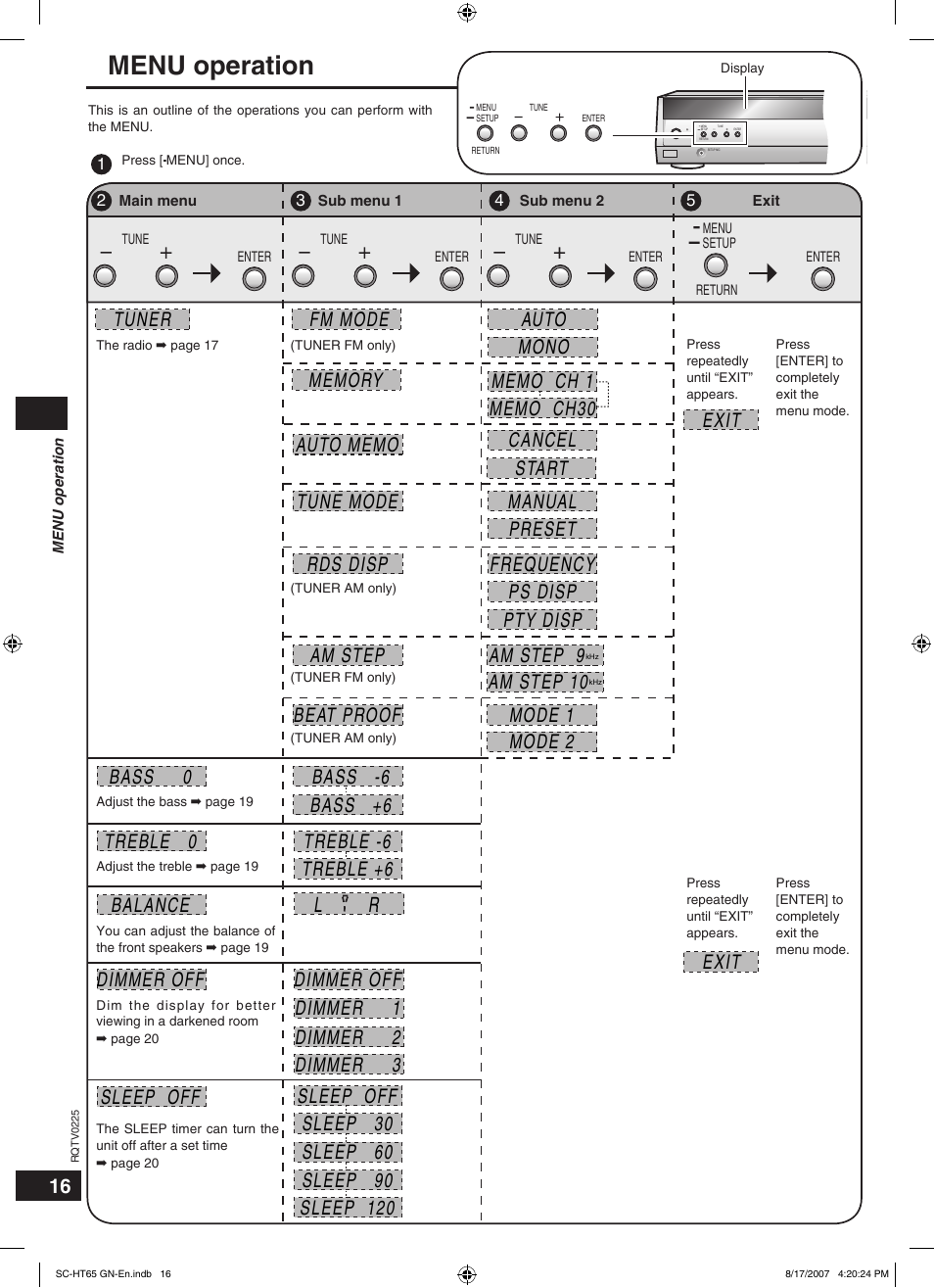 Menu operation | Panasonic SC-HT65 User Manual | Page 16 / 24