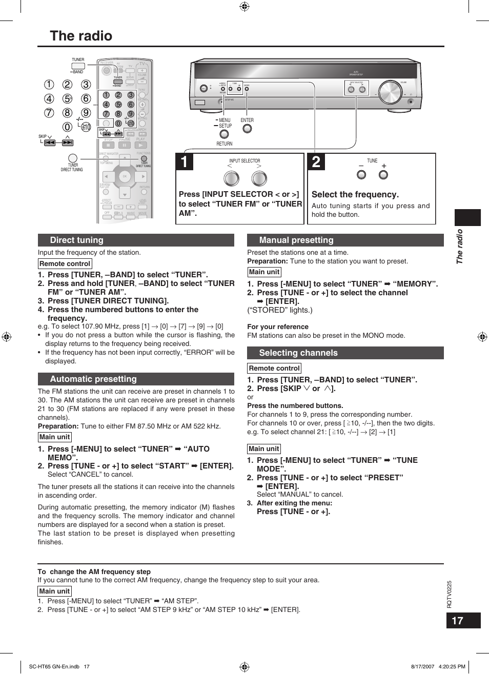 The radio, Select the frequency, Direct tuning | Automatic presetting, Manual presetting, Selecting channels, Enter, Press [tune - or | Panasonic SC-HT65 User Manual | Page 17 / 24