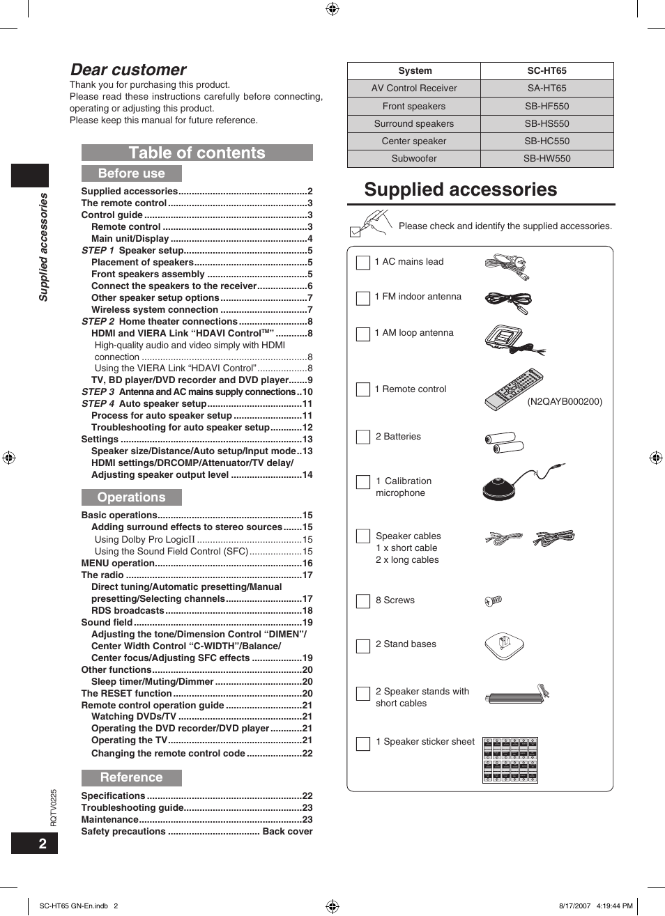 Supplied accessories, Dear customer, Before use | Operations, Reference, Rqtv0225 | Panasonic SC-HT65 User Manual | Page 2 / 24
