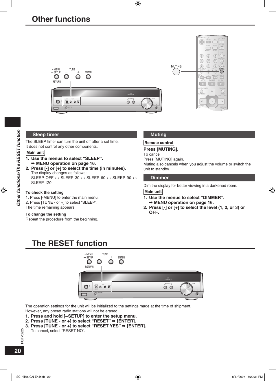 Other functions, The reset function, Sleep timer | Muting, Dimmer, Press [muting, Other functions/the reset function, Main unit | Panasonic SC-HT65 User Manual | Page 20 / 24