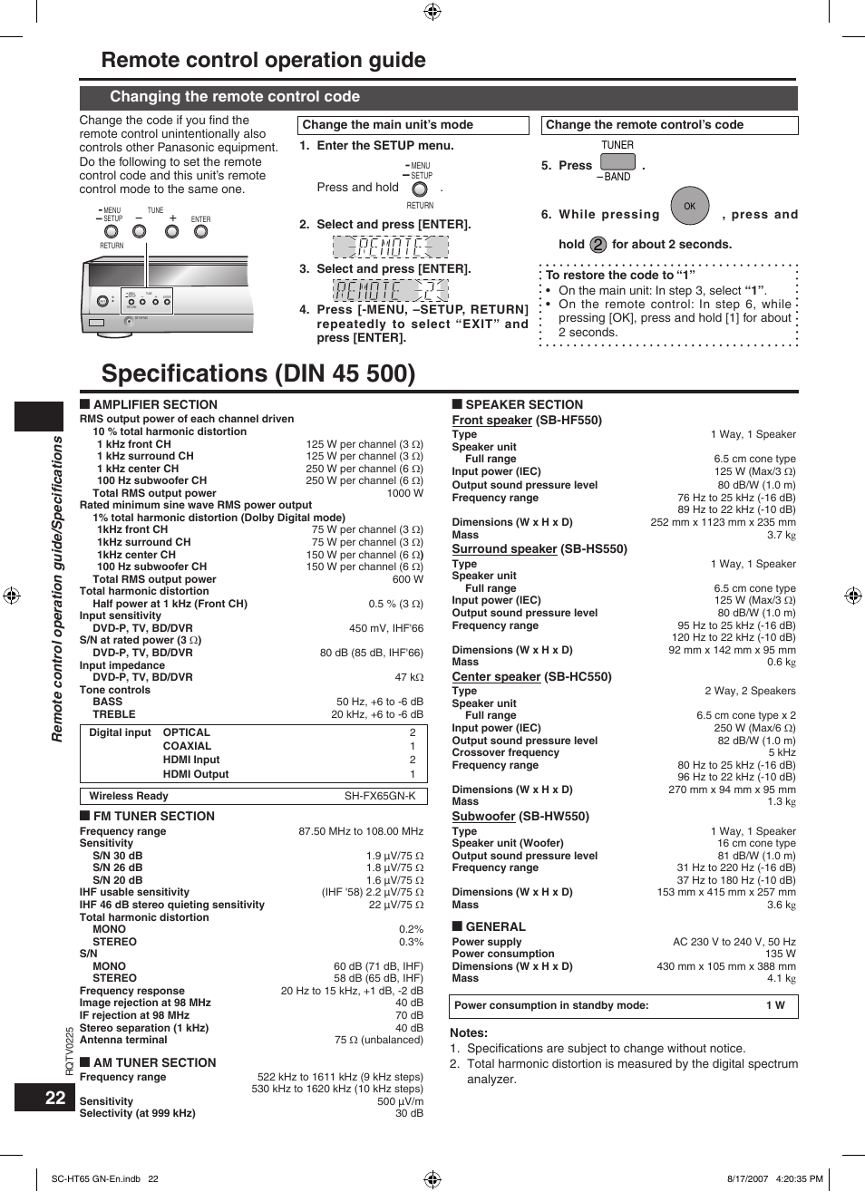 Remote control operation guide, Changing the remote control code, Remote control operation guide/speciﬁcations | Panasonic SC-HT65 User Manual | Page 22 / 24