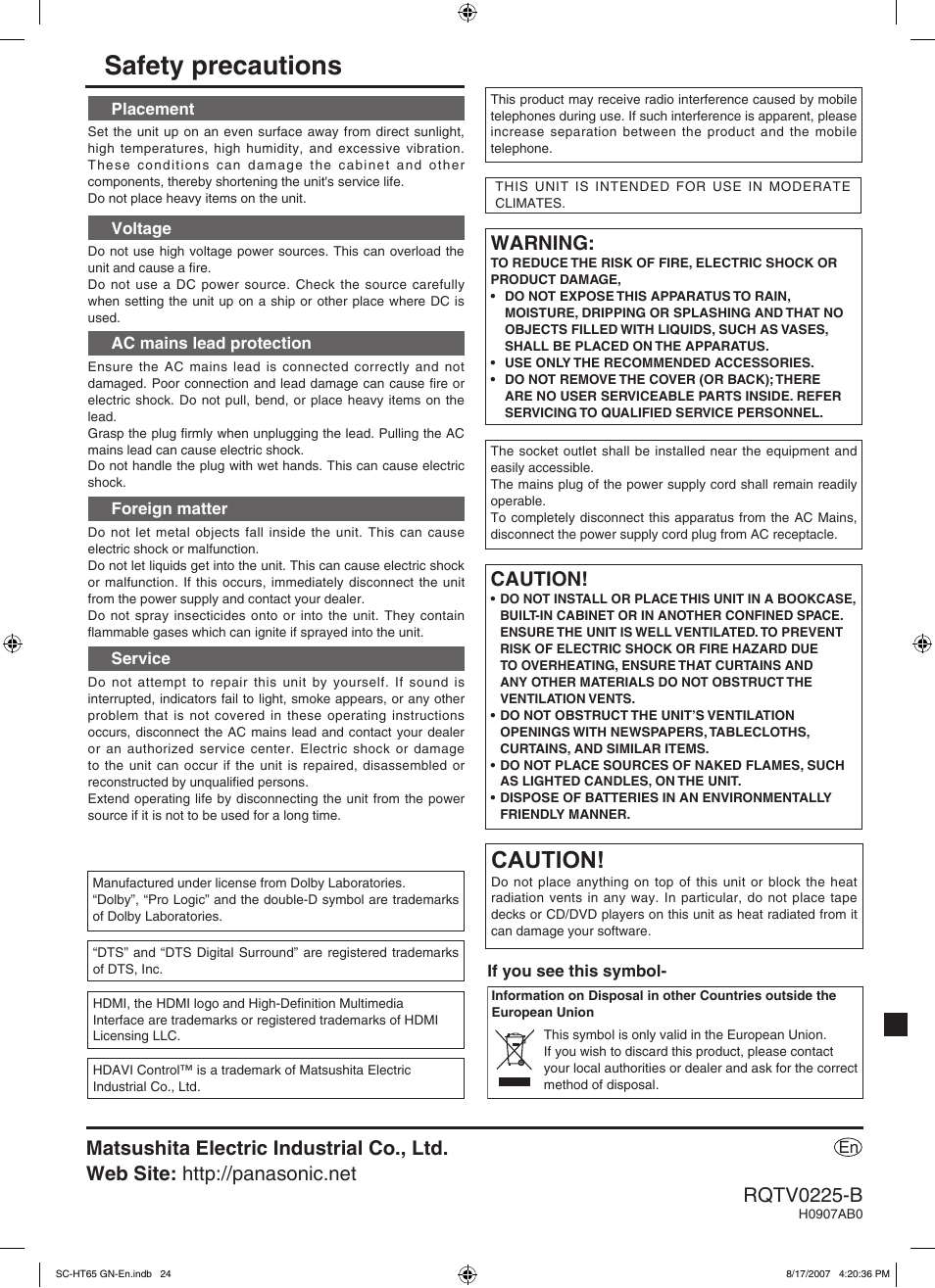 Safety precautions, Warning, Caution | Panasonic SC-HT65 User Manual | Page 24 / 24