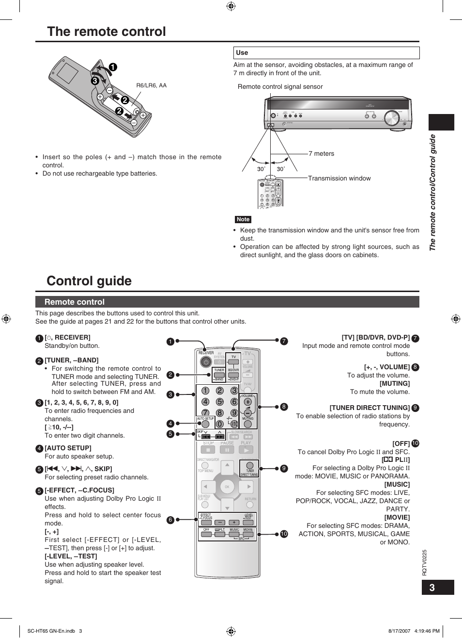 The remote control, Control guide, Remote control | The remote control/control guide, Receiver] standby/on button, Auto setup] for auto speaker setup | Panasonic SC-HT65 User Manual | Page 3 / 24