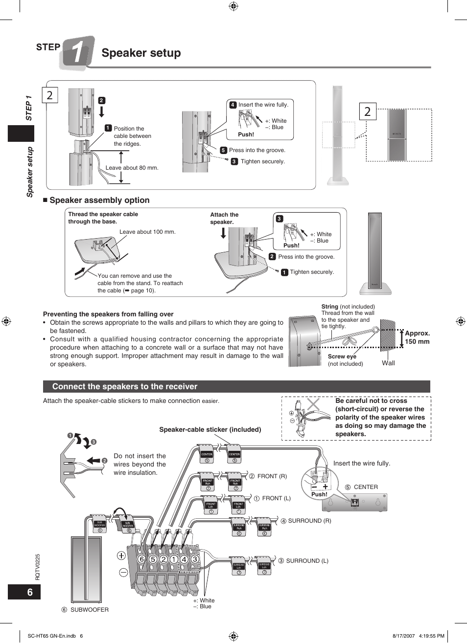 Speaker setup, Speaker assembly option, Connect the speakers to the receiver | Panasonic SC-HT65 User Manual | Page 6 / 24