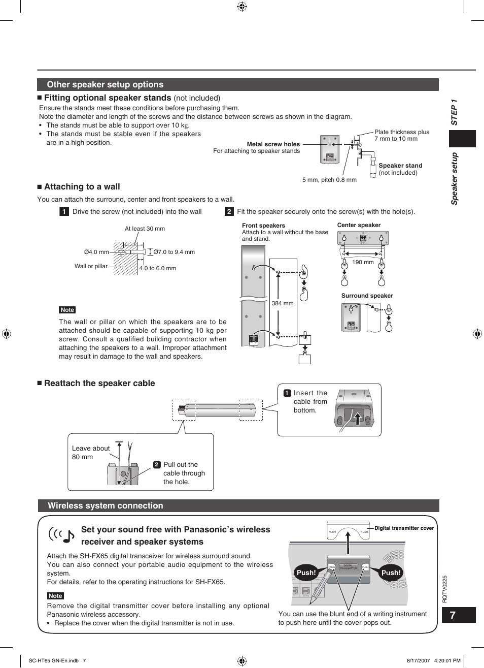 Fitting optional speaker stands, Attaching to a wall, Wireless system connection | Reattach the speaker cable, Other speaker setup options | Panasonic SC-HT65 User Manual | Page 7 / 24