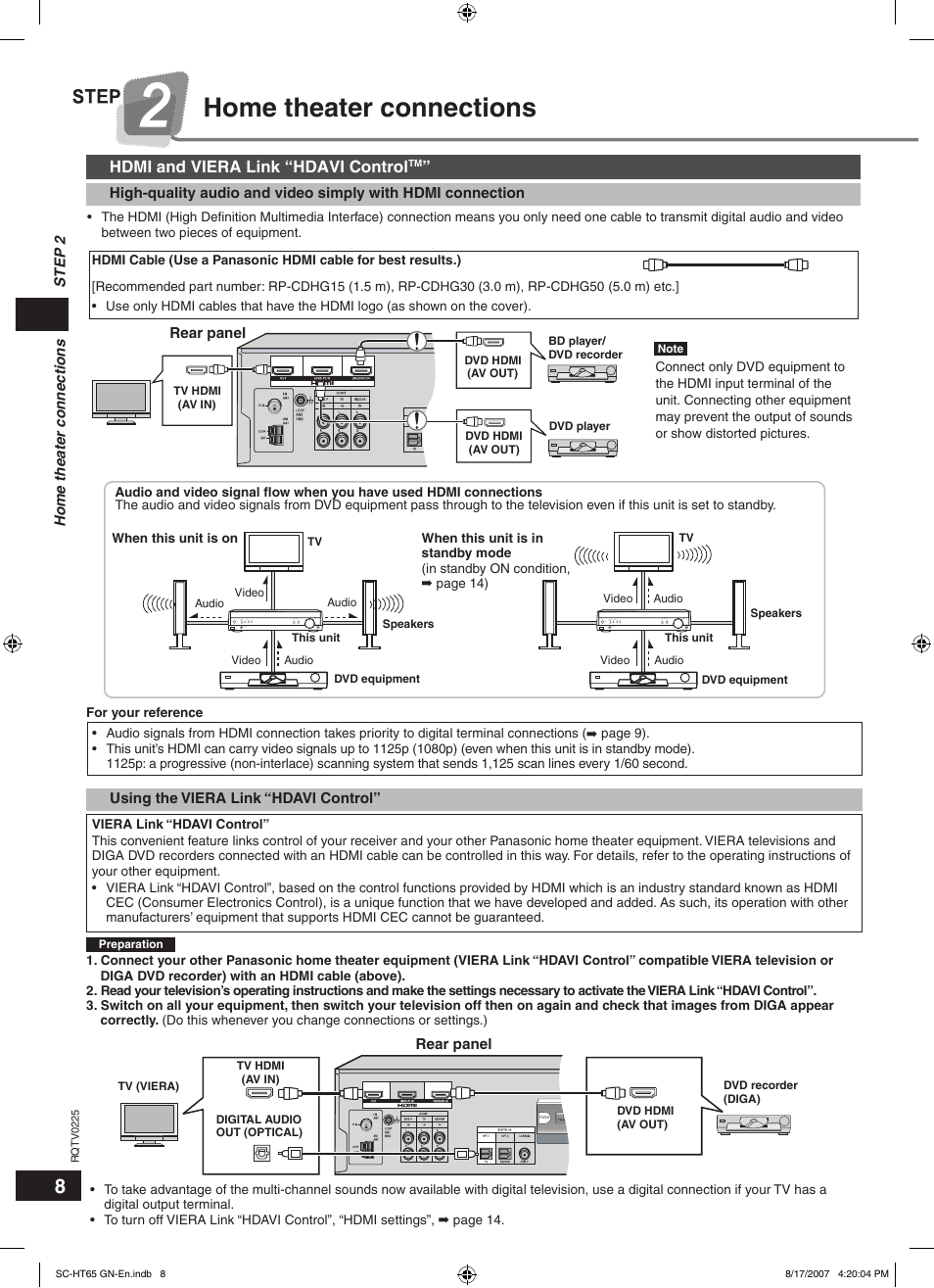 Home theater connections, Hdmi and viera link “hdavi control | Panasonic SC-HT65 User Manual | Page 8 / 24