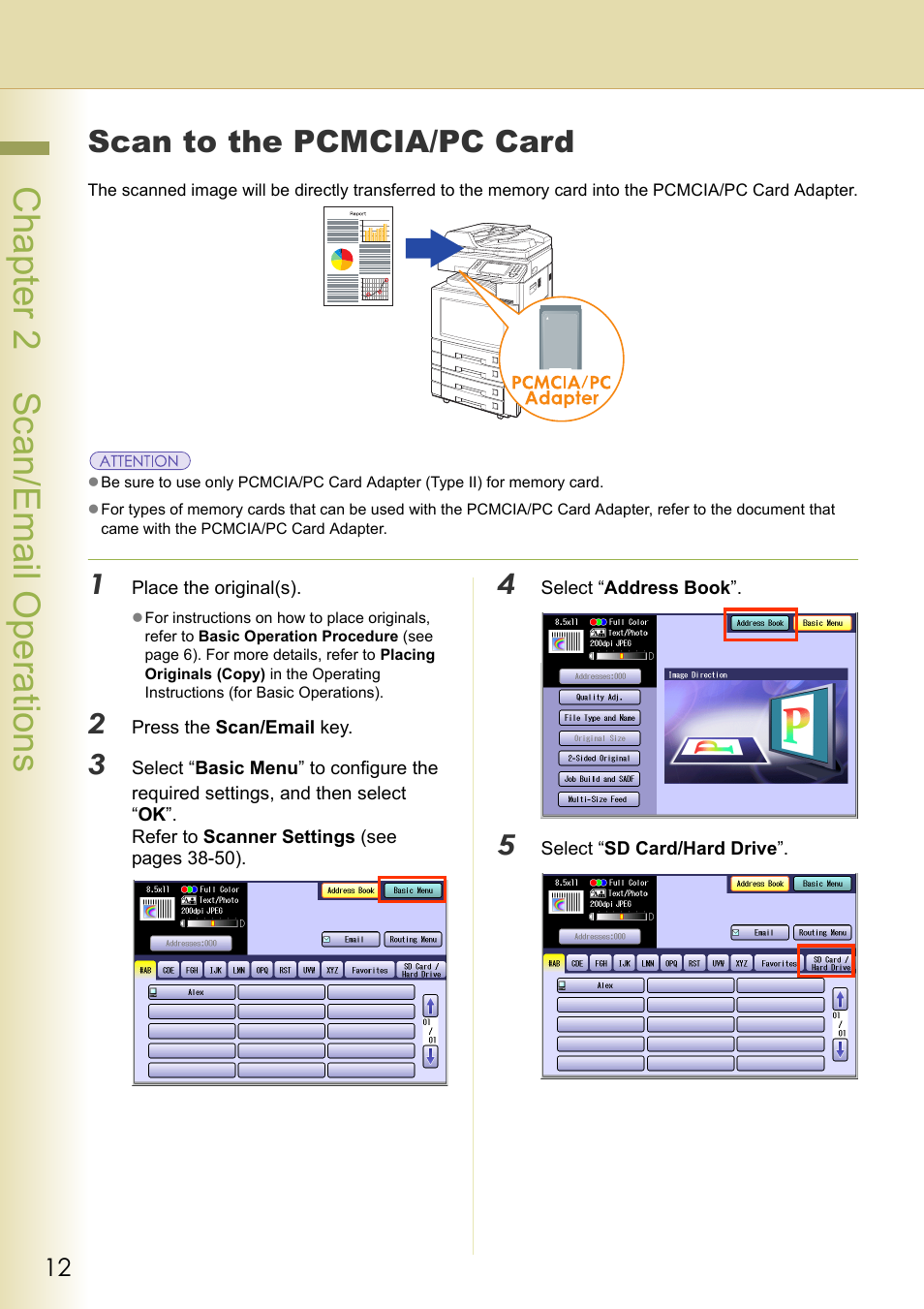 Scan to the pcmcia/pc card, Chapter 2 scan/email operations | Panasonic C263 User Manual | Page 12 / 60