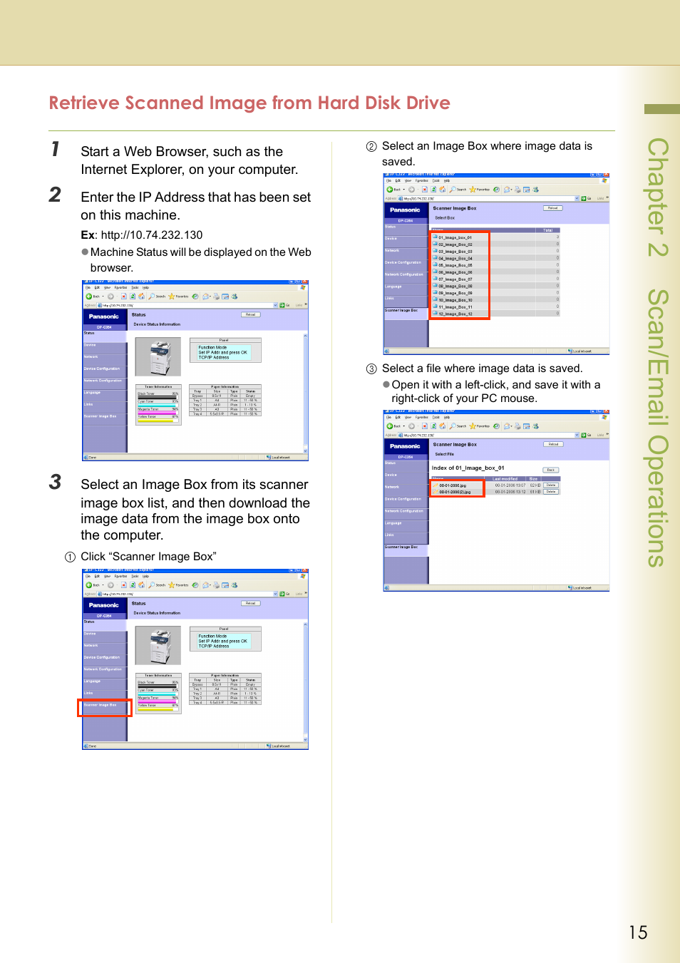 Retrieve scanned image from hard disk drive, Chapter 2 scan/email operations | Panasonic C263 User Manual | Page 15 / 60