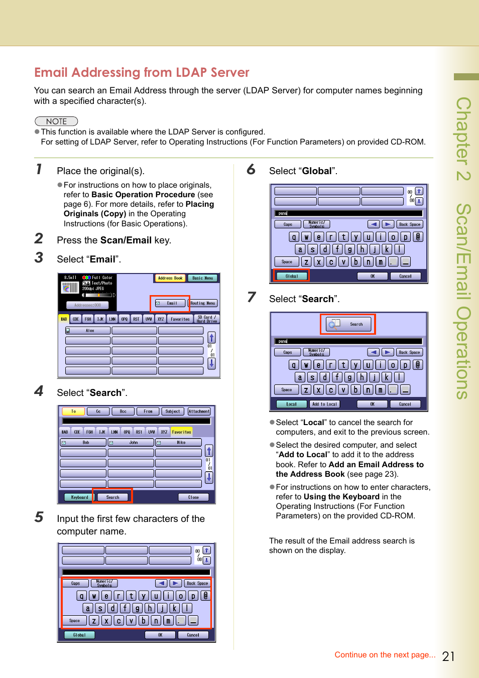 Email addressing from ldap server, Chapter 2 scan/email operations | Panasonic C263 User Manual | Page 21 / 60