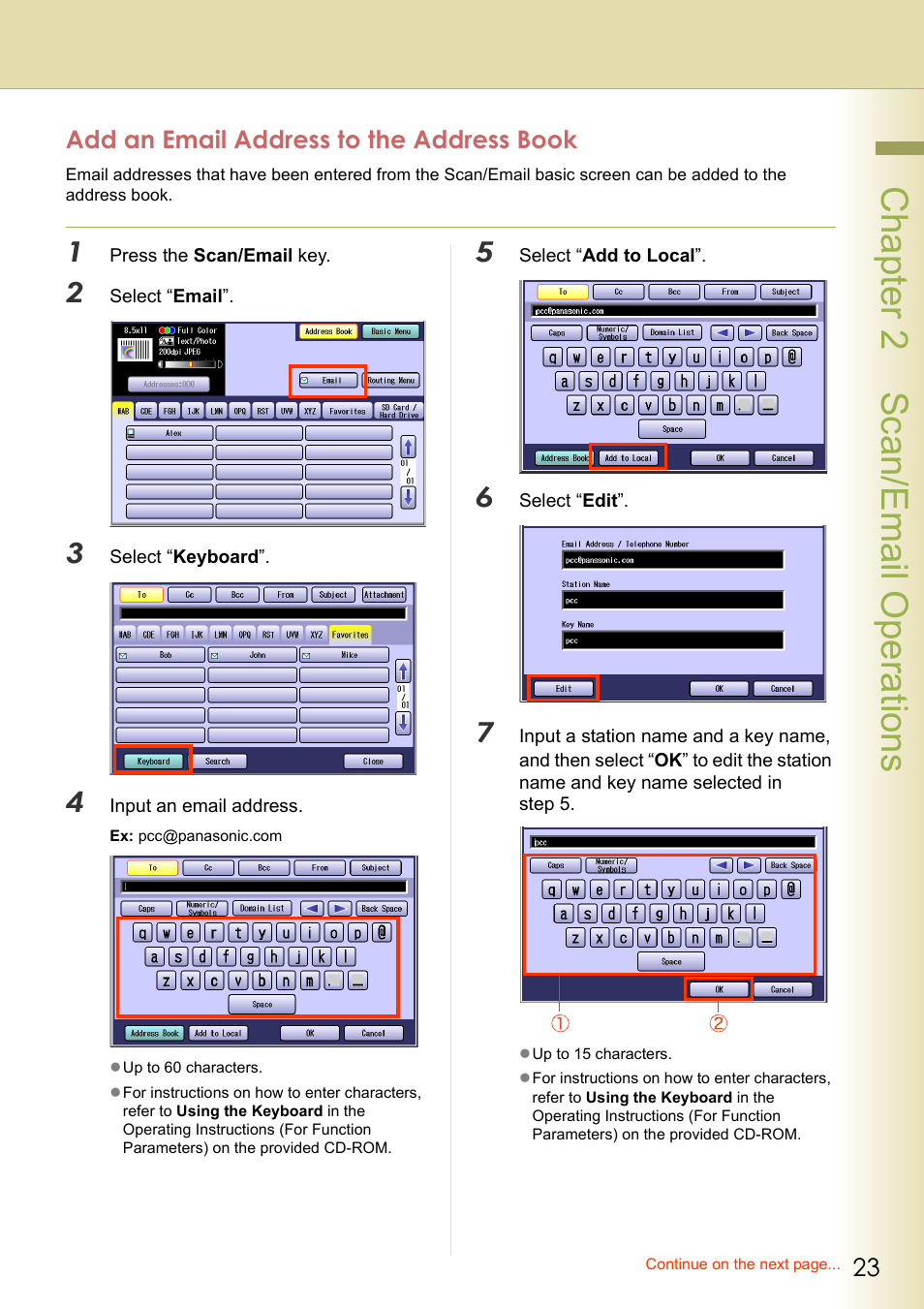 Add an email address to the address book, Chapter 2 scan/email operations | Panasonic C263 User Manual | Page 23 / 60