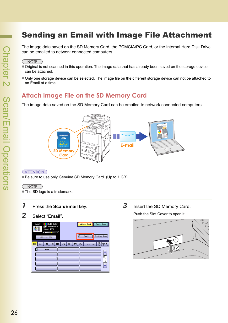 Sending an email with image file attachment, Attach image file on the sd memory card, Chapter 2 scan/email operations | Panasonic C263 User Manual | Page 26 / 60