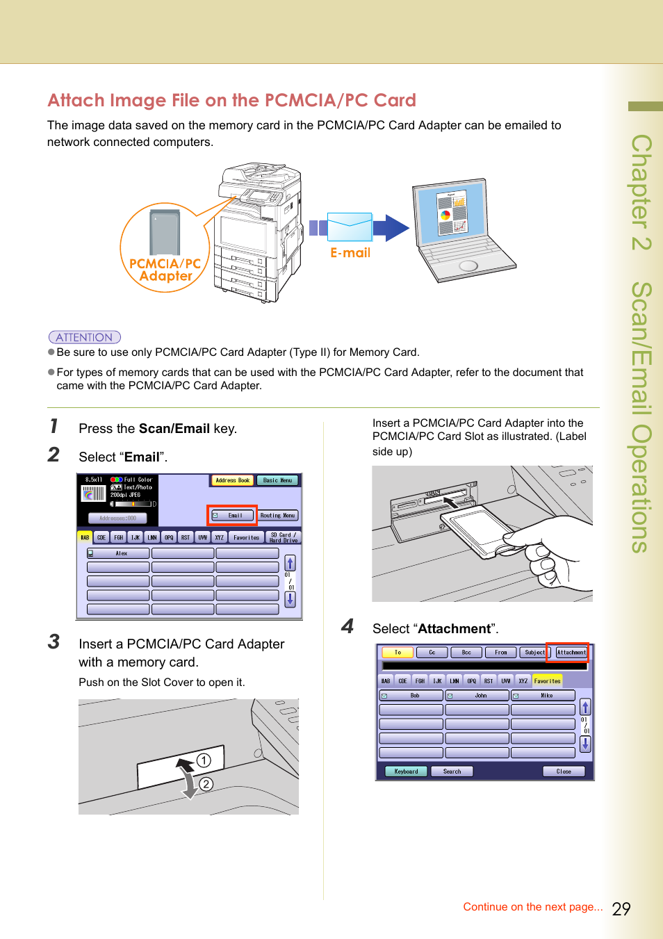 Attach image file on the pcmcia/pc card, Chapter 2 scan/email operations | Panasonic C263 User Manual | Page 29 / 60