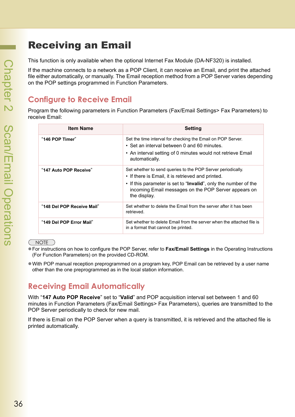 Receiving an email, Configure to receive email, Receiving email automatically | Chapter 2 scan/email operations | Panasonic C263 User Manual | Page 36 / 60