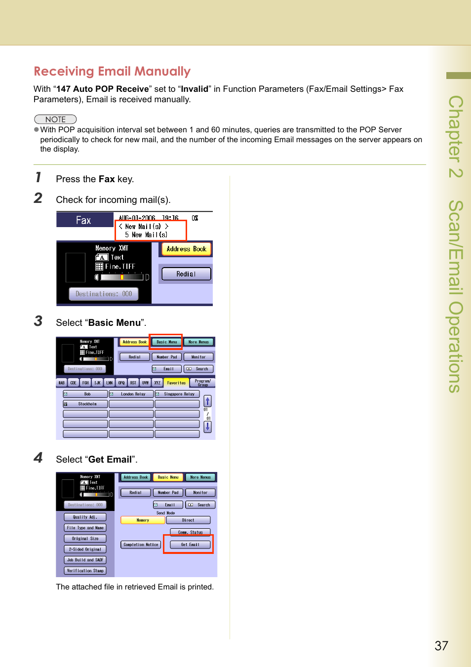 Receiving email manually, Chapter 2 scan/email operations | Panasonic C263 User Manual | Page 37 / 60