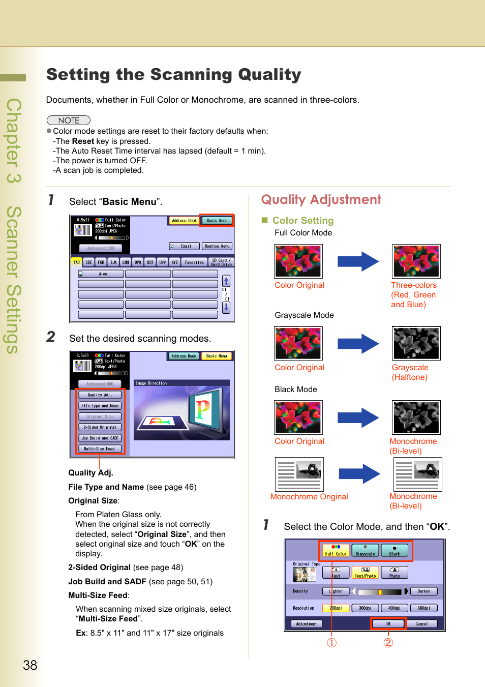 Scanner settings, Setting the scanning quality, Quality adjustment | Chapter 3 scanner settings | Panasonic C263 User Manual | Page 38 / 60