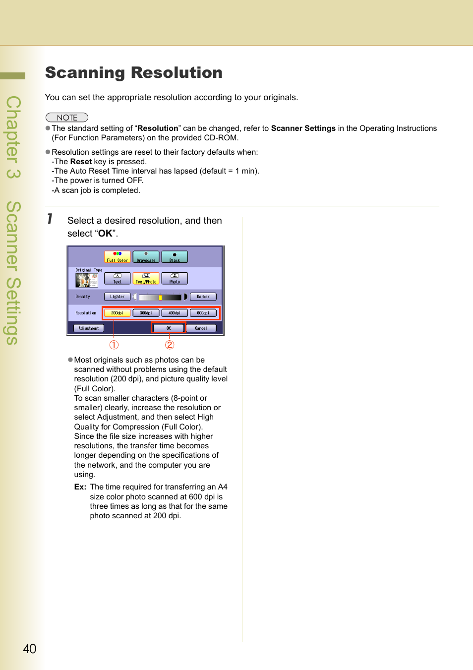 Scanning resolution, Chapter 3 scanner settings | Panasonic C263 User Manual | Page 40 / 60