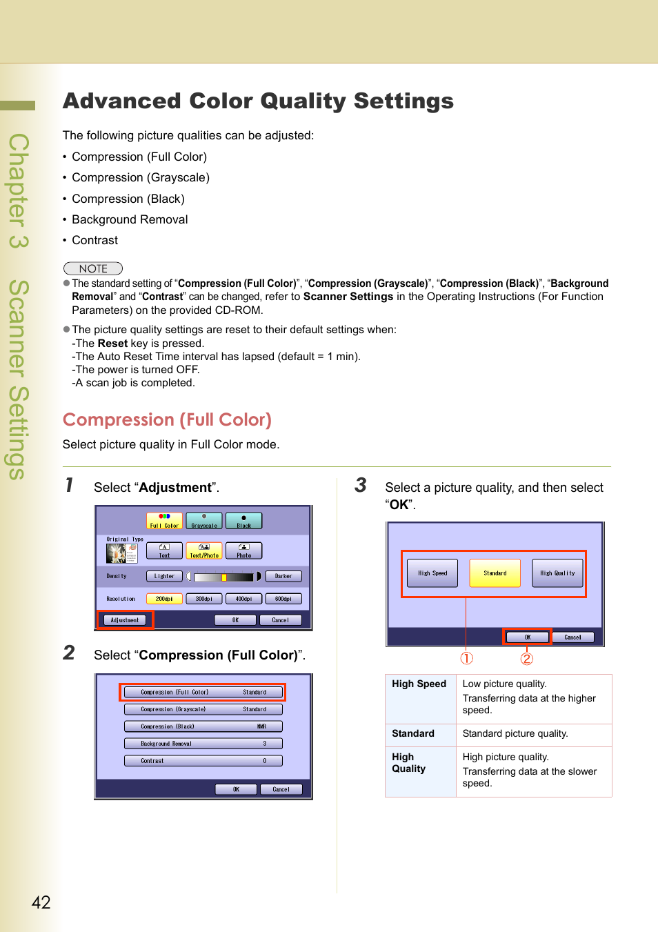 Advanced color quality settings, Compression (full color), Chapter 3 scanner settings | Panasonic C263 User Manual | Page 42 / 60