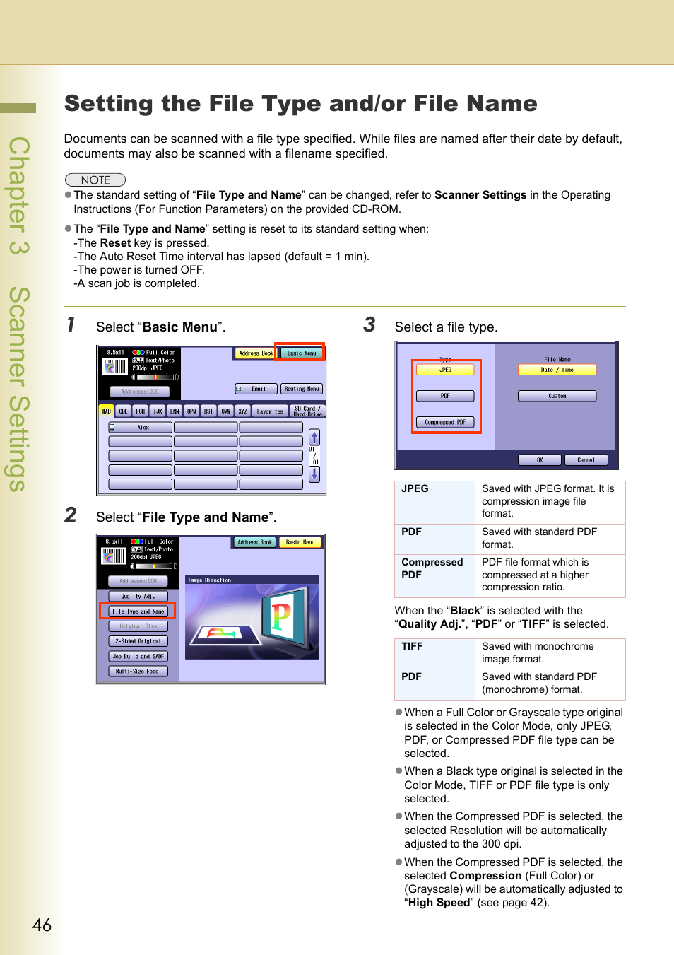 Setting the file type and/or file name, Chapter 3 scanner settings | Panasonic C263 User Manual | Page 46 / 60