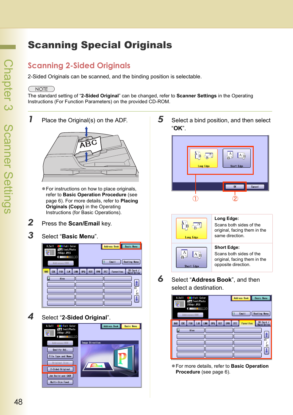 Scanning special originals, Scanning 2-sided originals, Chapter 3 scanner settings | Panasonic C263 User Manual | Page 48 / 60