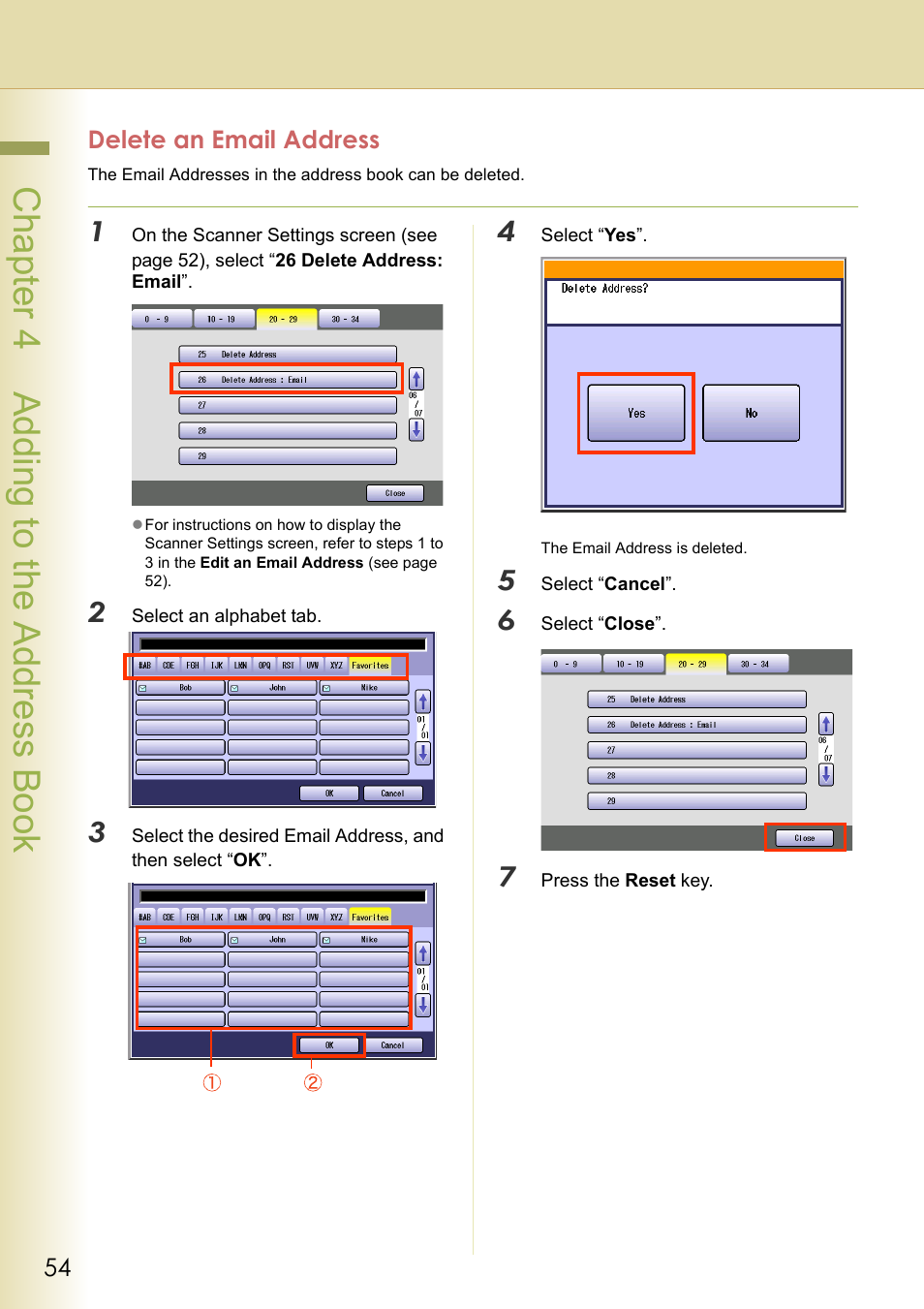 Delete an email address, Chapt er 4 a ddi ng to the address book | Panasonic C263 User Manual | Page 54 / 60