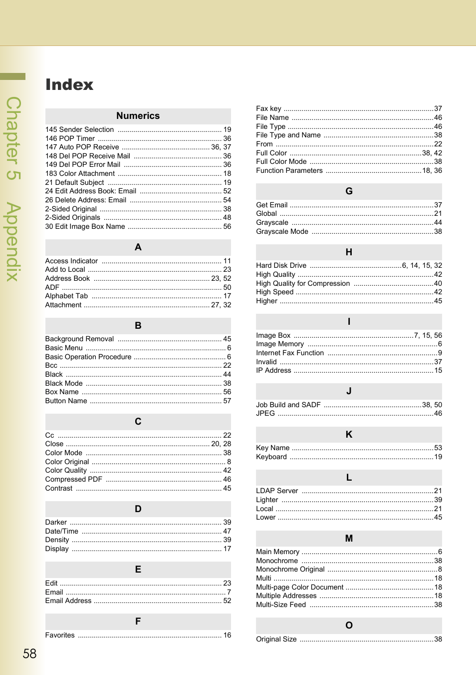 Appendix, Index, Chapter 5 appendix | Panasonic C263 User Manual | Page 58 / 60