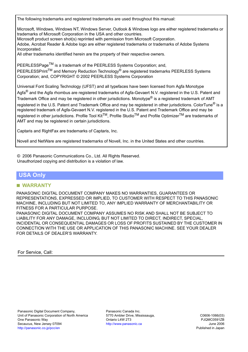 Usa only, Warranty | Panasonic C263 User Manual | Page 60 / 60