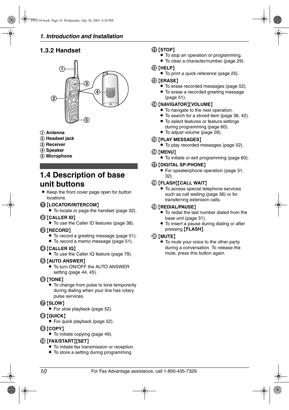 4 description of base unit buttons, Description of base unit buttons, 4 description of base unit buttons | 2 handset | Panasonic KX-FPG377 User Manual | Page 12 / 94