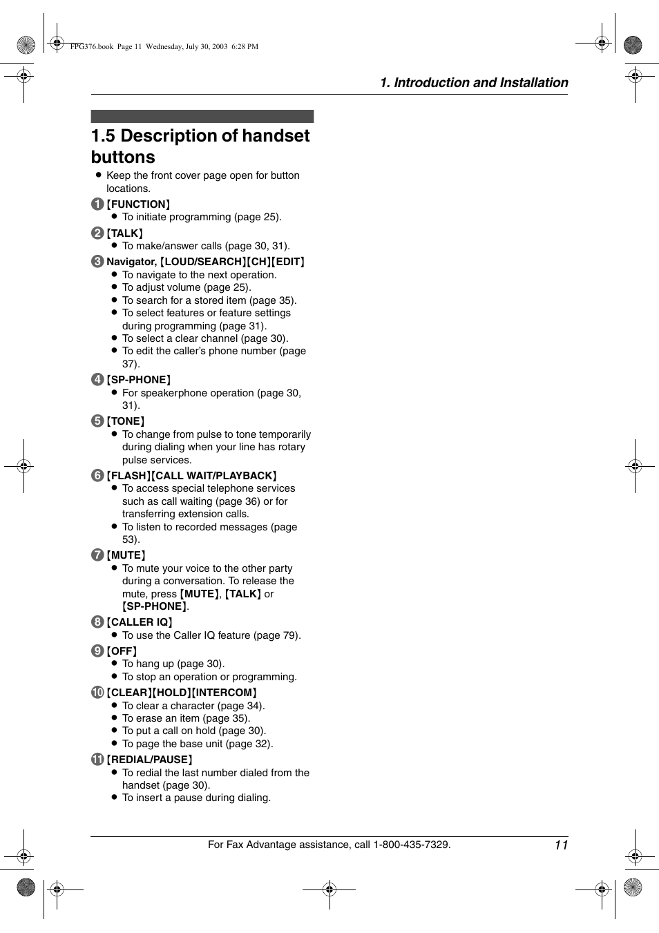 5 description of handset buttons, Description of handset buttons, 5 description of handset buttons | Panasonic KX-FPG377 User Manual | Page 13 / 94