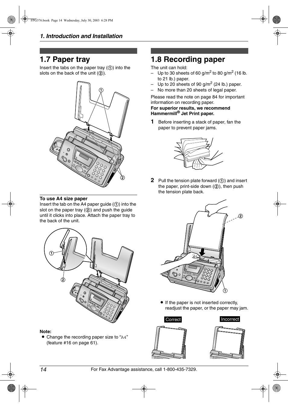 7 paper tray, 8 recording paper, Paper tray | Recording paper, 7 paper tray, 8 recording paper, Introduction and installation 14 | Panasonic KX-FPG377 User Manual | Page 16 / 94