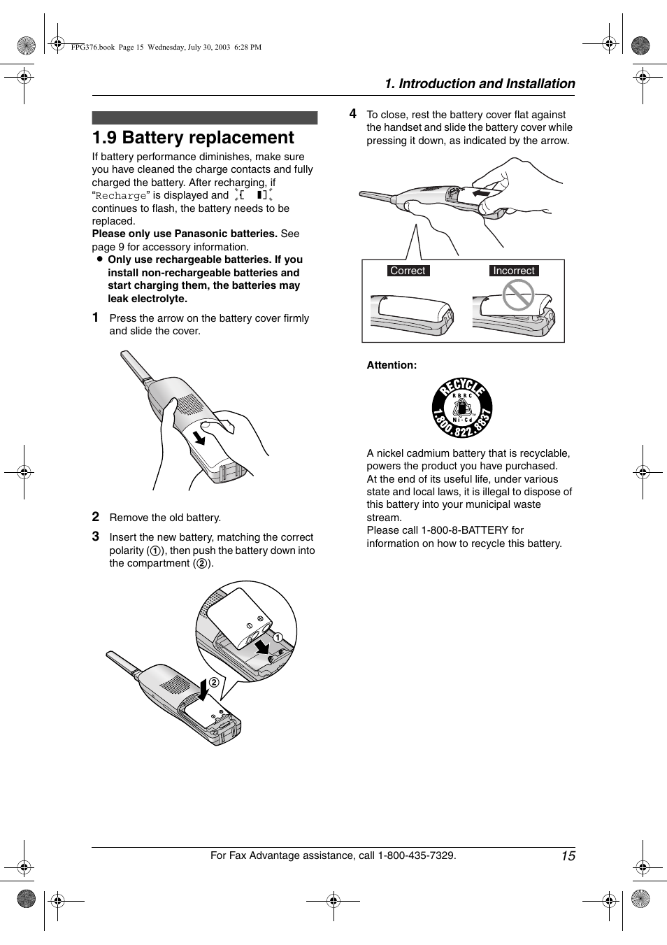 Installation (handset), 9 battery replacement, Battery replacement | 9 battery replacement | Panasonic KX-FPG377 User Manual | Page 17 / 94