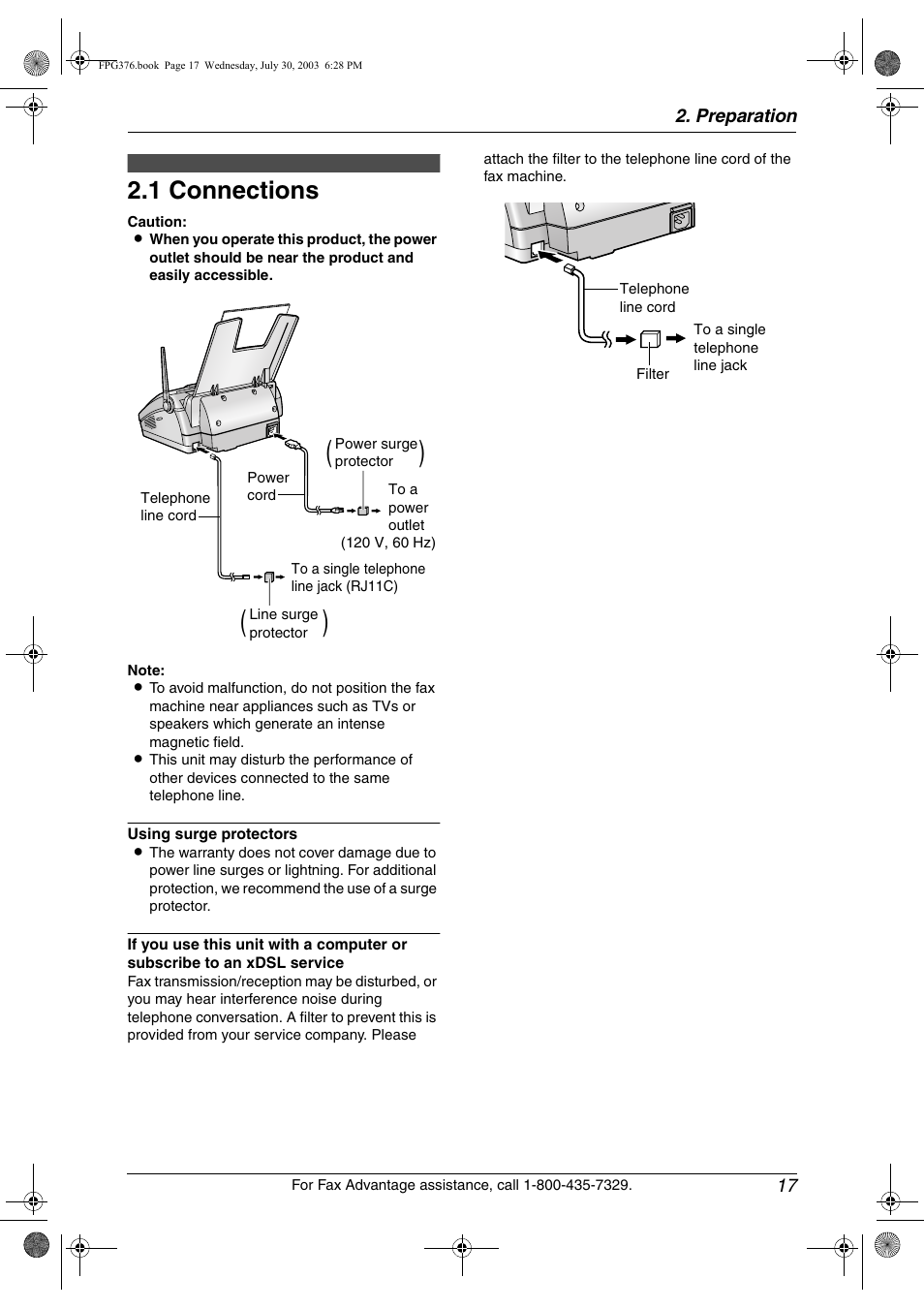 Preparation, Connections and setup, 1 connections | Connections, 1 connections, Preparation 17 | Panasonic KX-FPG377 User Manual | Page 19 / 94