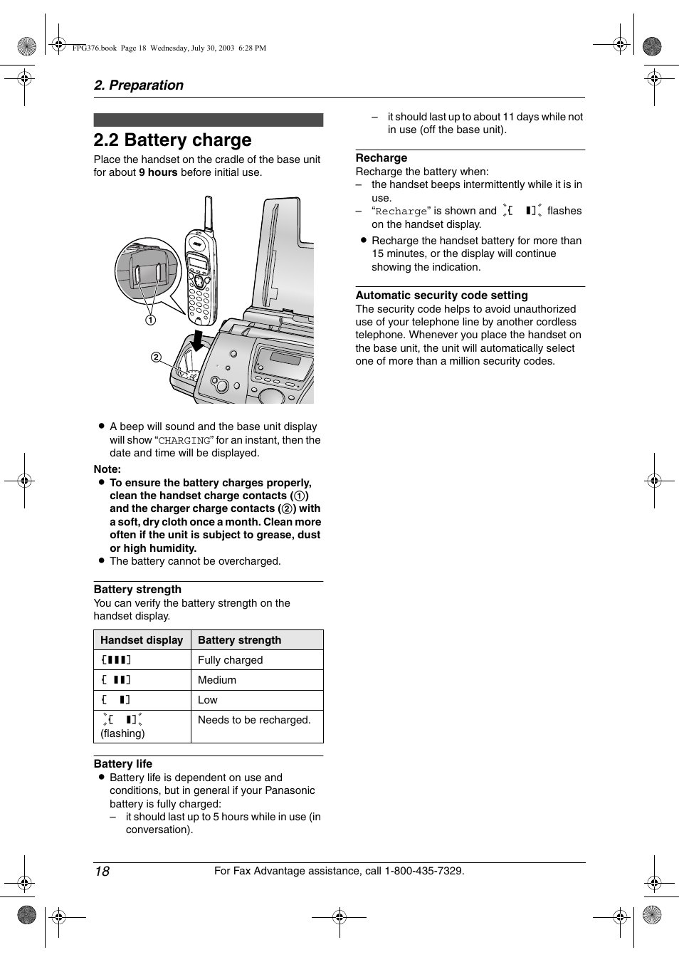 2 battery charge, Battery charge, 2 battery charge | Preparation 18 | Panasonic KX-FPG377 User Manual | Page 20 / 94