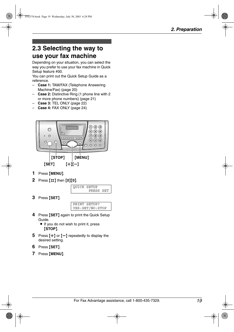 3 selecting the way to use your fax machine, Selecting the way to use your fax machine, 3 selecting the way to use your fax machine | Panasonic KX-FPG377 User Manual | Page 21 / 94