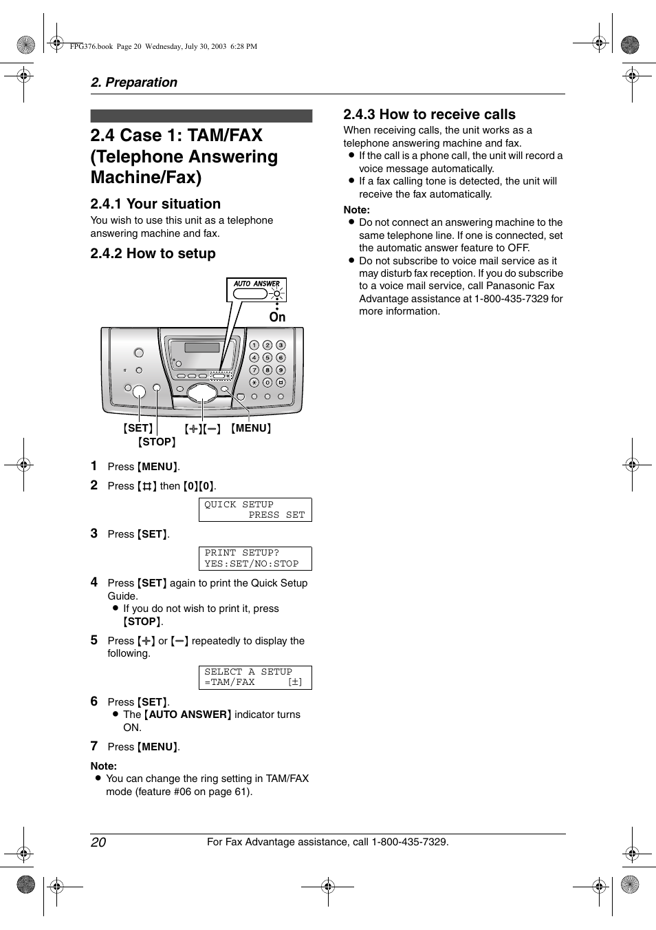 Case 1: tam/fax (telephone answering machine/fax), 1 your situation, 2 how to setup | 3 how to receive calls | Panasonic KX-FPG377 User Manual | Page 22 / 94