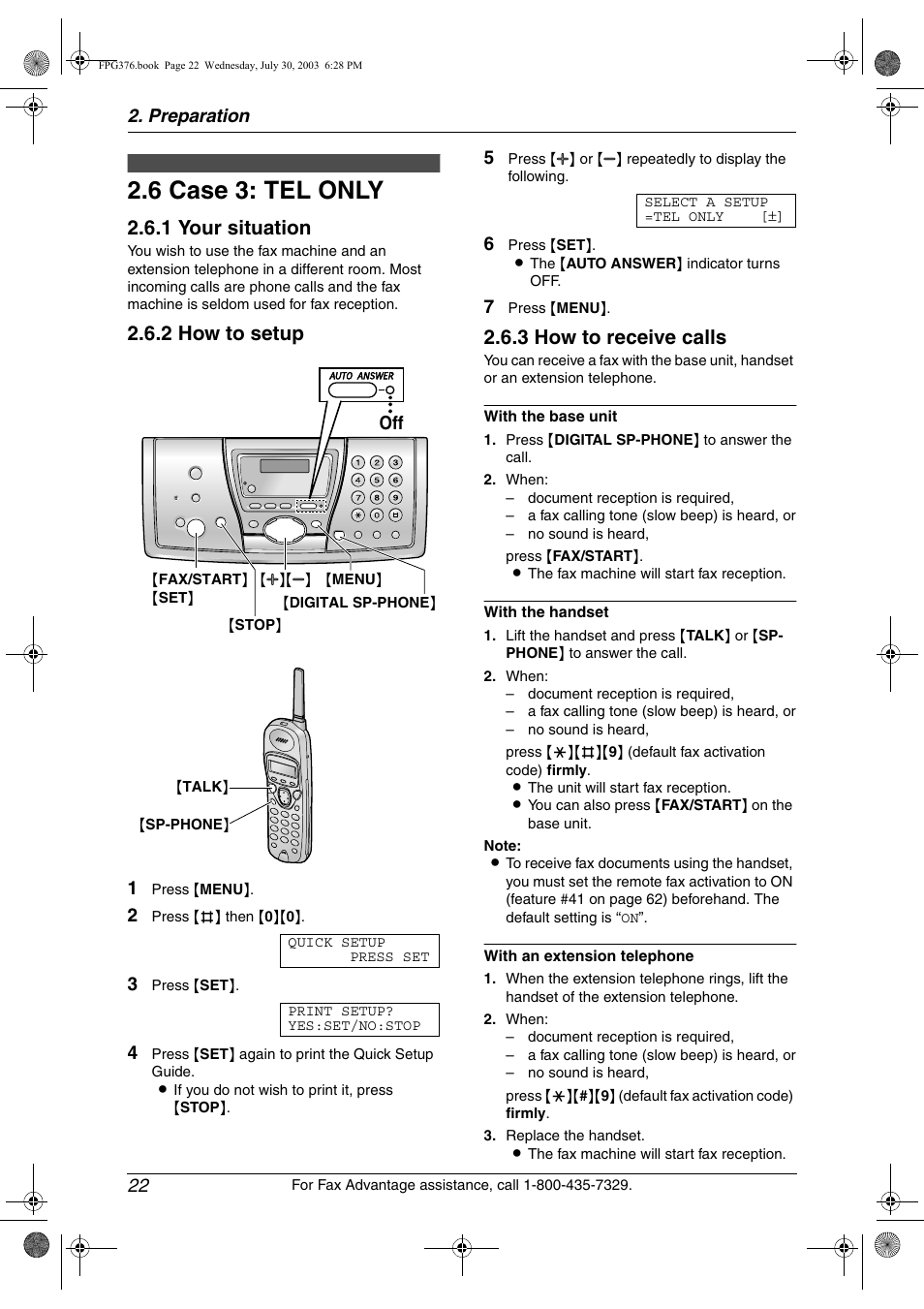 6 case 3: tel only, Case 3: tel only, 6 case 3: tel only | 1 your situation, 2 how to setup, 3 how to receive calls | Panasonic KX-FPG377 User Manual | Page 24 / 94