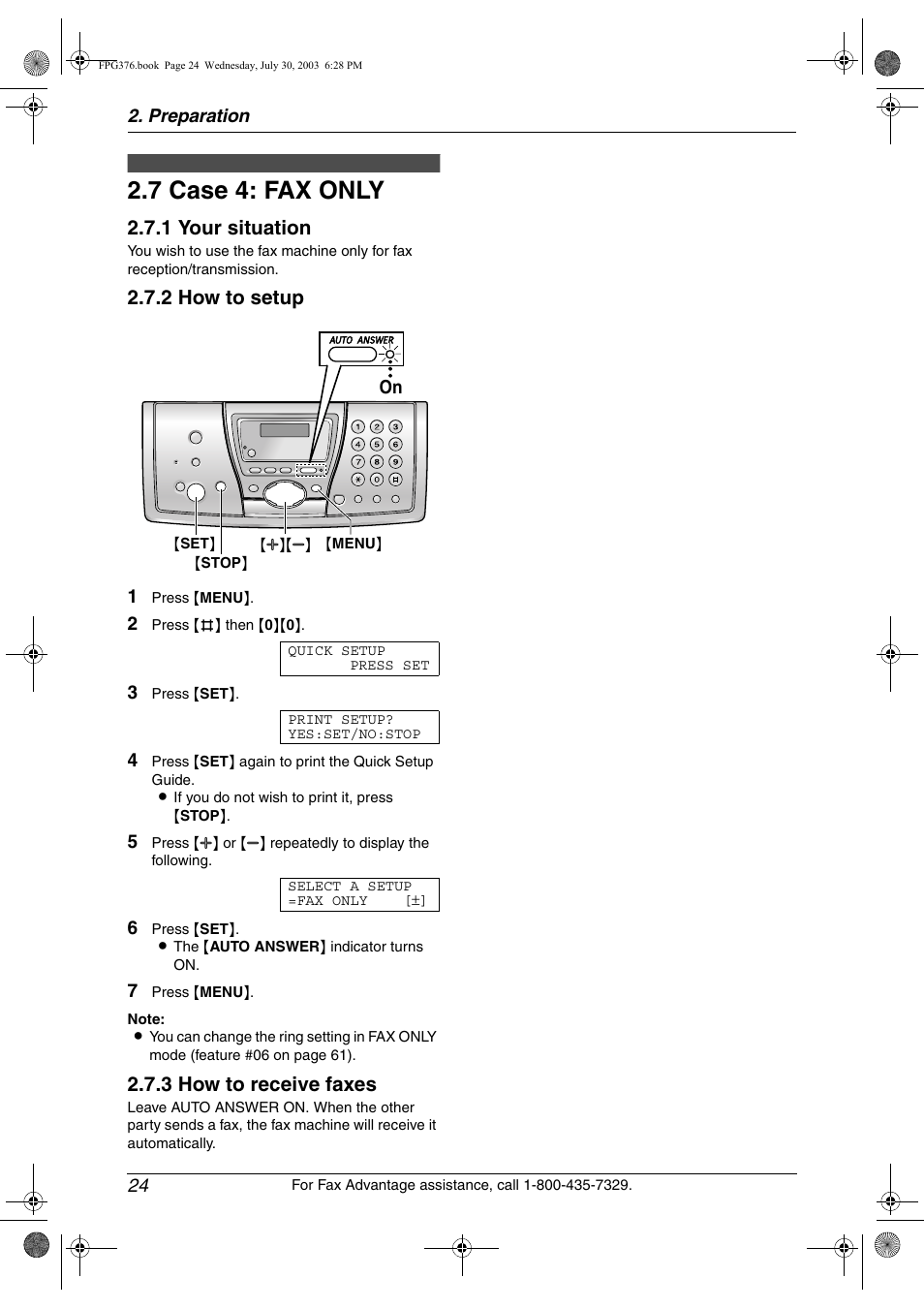 7 case 4: fax only, Case 4: fax only, 7 case 4: fax only | 1 your situation, 2 how to setup, 3 how to receive faxes | Panasonic KX-FPG377 User Manual | Page 26 / 94