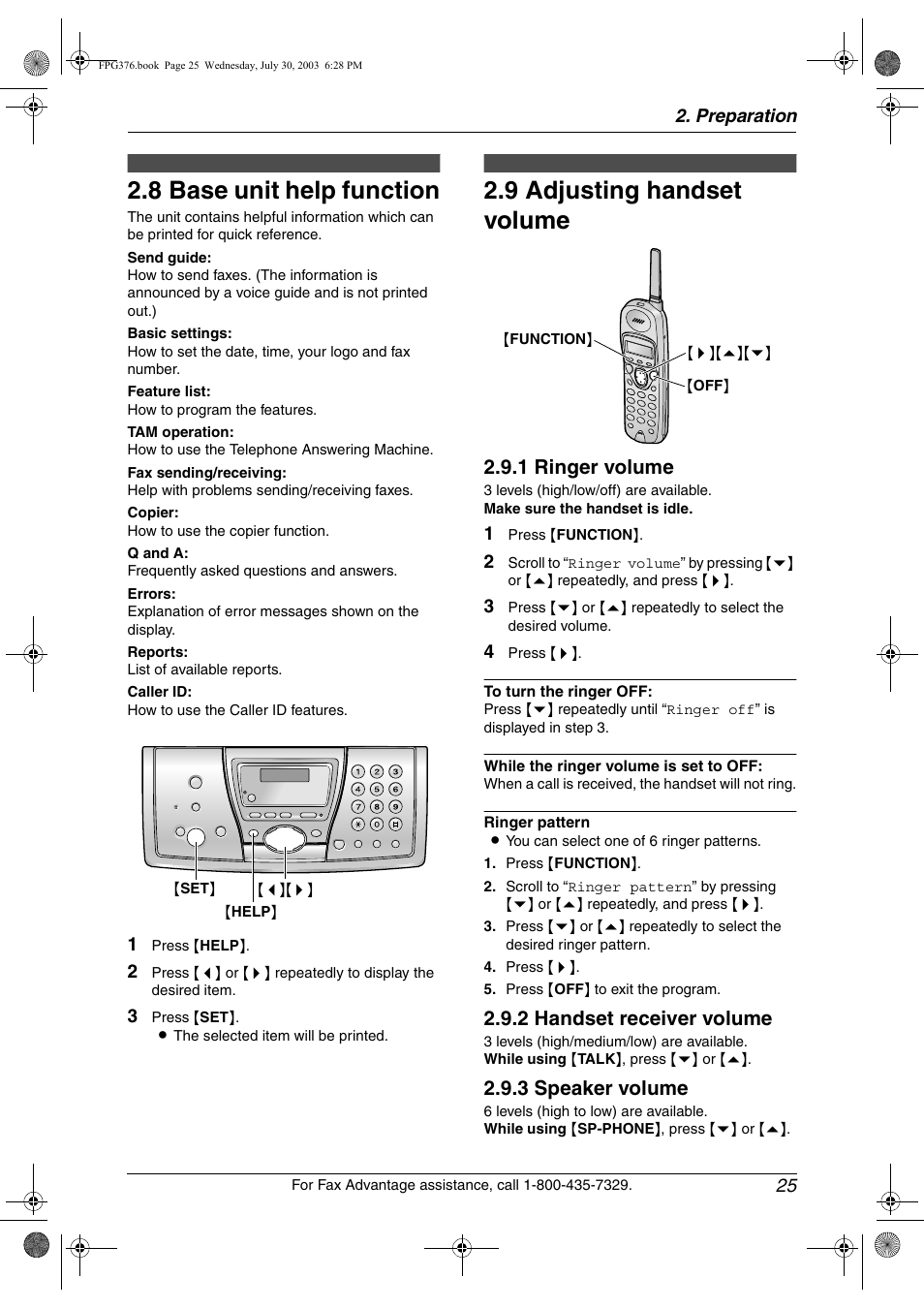 Help button, 8 base unit help function, Volume | 9 adjusting handset volume, Base unit help function, Adjusting handset volume, 8 base unit help function, 9 adjusting handset volume, 1 ringer volume, 2 handset receiver volume | Panasonic KX-FPG377 User Manual | Page 27 / 94