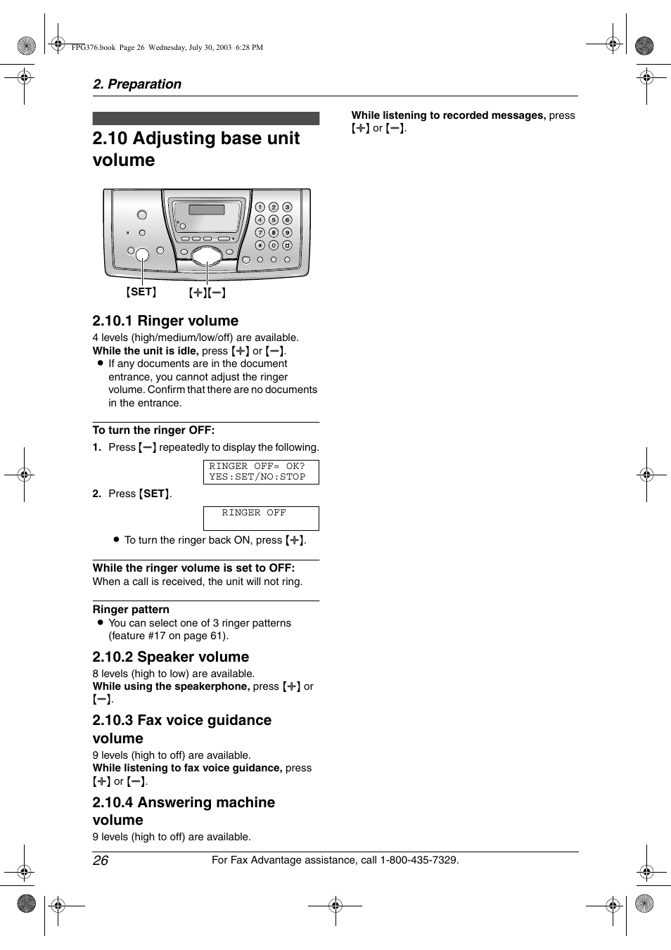 10 adjusting base unit volume, Adjusting base unit volume, 10 adjusting base unit volume | 1 ringer volume, 2 speaker volume, 3 fax voice guidance volume, 4 answering machine volume | Panasonic KX-FPG377 User Manual | Page 28 / 94
