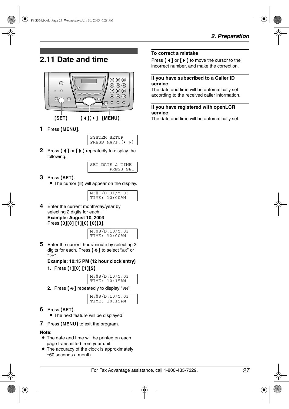 Initial programming, 11 date and time, Date and time | 11 date and time, Preparation 27 | Panasonic KX-FPG377 User Manual | Page 29 / 94