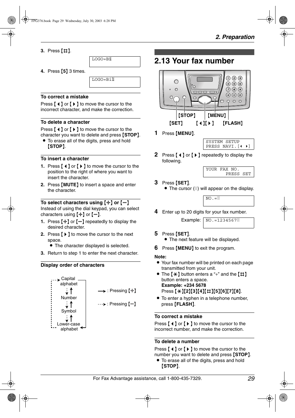 13 your fax number, Your fax number, 13 your fax number | Preparation 29 | Panasonic KX-FPG377 User Manual | Page 31 / 94