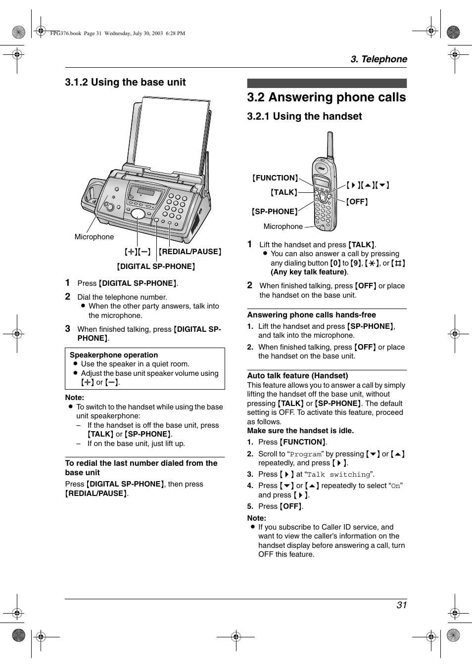 2 answering phone calls, Answering phone calls, 2 answering phone calls | 2 using the base unit, 1 using the handset | Panasonic KX-FPG377 User Manual | Page 33 / 94