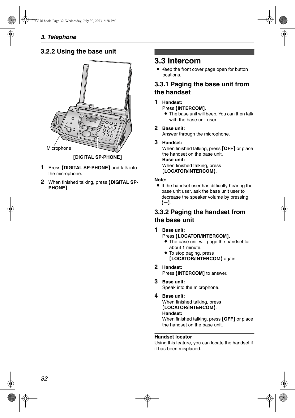 3 intercom, Intercom, 3 intercom | 2 using the base unit, 1 paging the base unit from the handset, 2 paging the handset from the base unit | Panasonic KX-FPG377 User Manual | Page 34 / 94