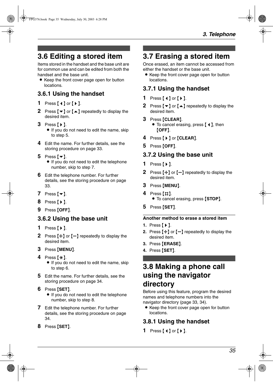 6 editing a stored item, 7 erasing a stored item, Editing a stored item | Erasing a stored item, Making a phone call using the navigator directory, 6 editing a stored item, 7 erasing a stored item | Panasonic KX-FPG377 User Manual | Page 37 / 94